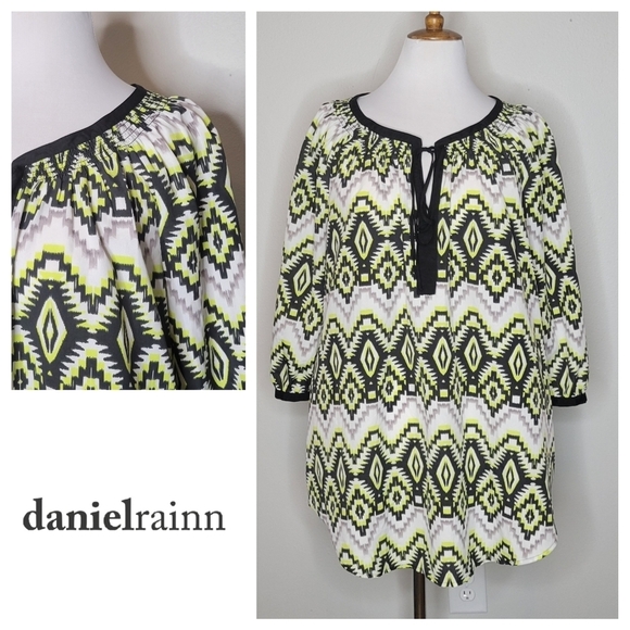 Daniel Rainn Womens 2x Tribal Geometric Print Peasant Tunic Top Blouse - Picture 1 of 9